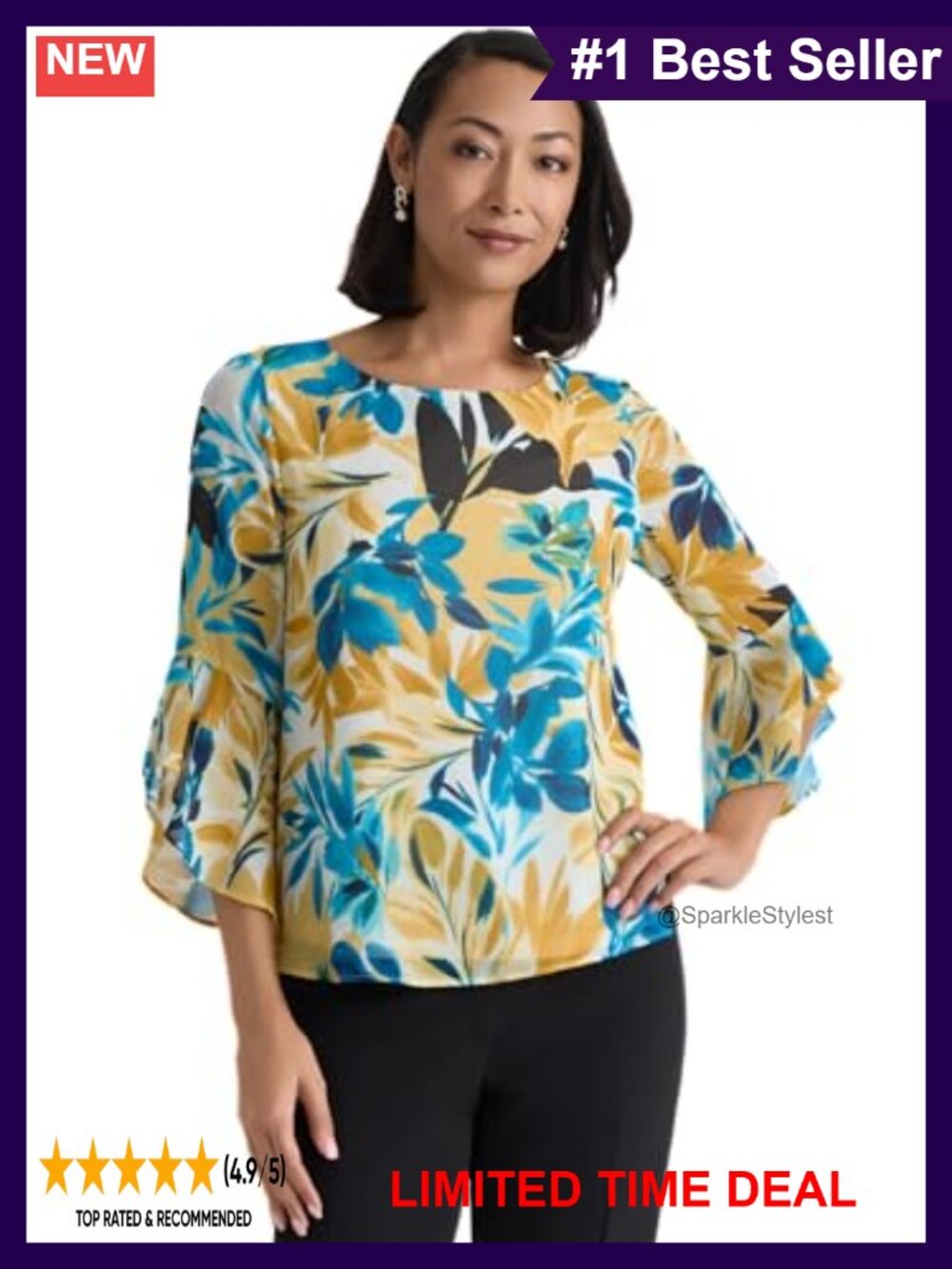 Ruffle Sleeve Printed Blouse | Women's Work Top | Lightweight Wrinkle-Resistant